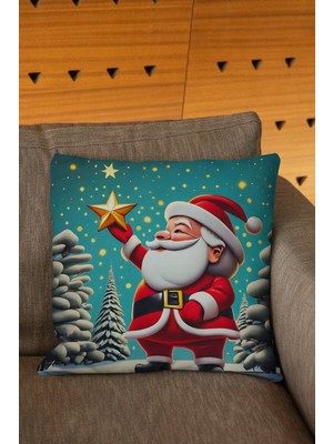 Yılbaşı Temalı Yıldız ve Noel Baba Figürlü Renkli Dijital Baskılı Kırlent Kılıfı