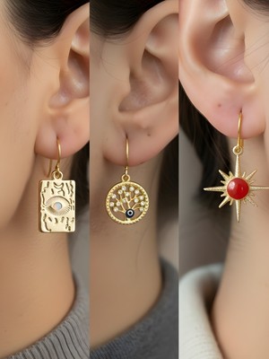 NKT Collection Göz Hayat Ağacı Kırmızı Güneş 3’lü Sembol Kadın Küpe Set