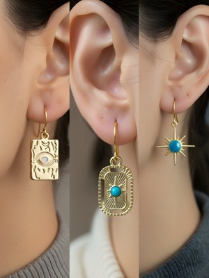 NKT Collection Göz Turkuaz Oval Turkuaz Güneş 3’lü Sembol Kadın Küpe Set