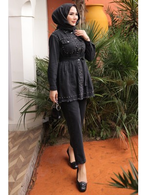 İmaj Butik Siyah Taş İşlemeli Ceket Pantolonlu Kot Takım