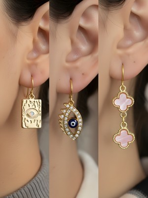 NKT Collection Göz Nazar Göz Pembe Yonca 3’lü Sembol Kadın Küpe Set