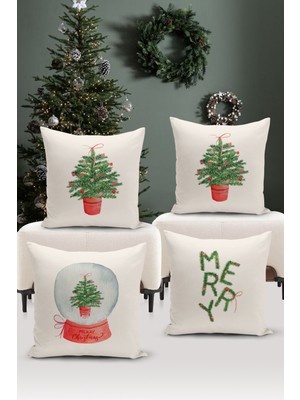 Yeşil Yılbaşı Serisi Çift Taraflı Dijital Baskılı 4'lü Kırlent Kılıfı Seti