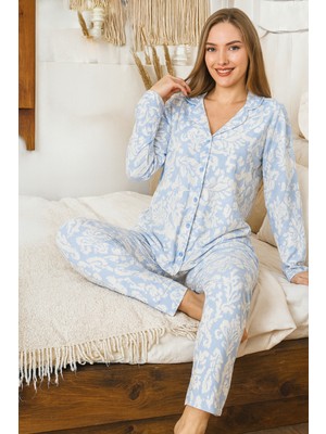 Remsa Kadın Desenli Suprem Düğmeli Pijama Takımı 0482 MAVI02