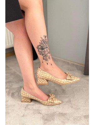 Preshley Kadın Mila Bej Kroko Fiyonklu 3,5 cm Blok Topuklu Stiletto / Ayakkabı