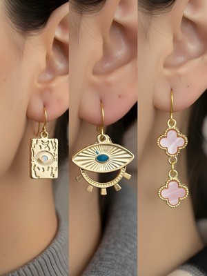 NKT Collection Göz Turkuaz Göz Pembe Yonca 3’lü Sembol Kadın Küpe Set