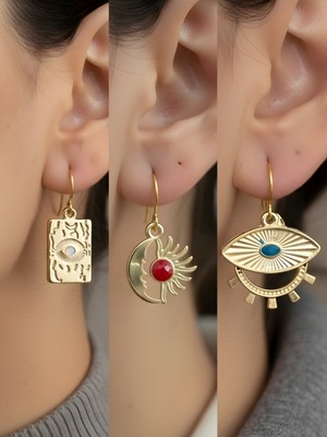 NKT Collection Göz Ay Güneş Nazar 3’lü Sembol Kadın Küpe Set