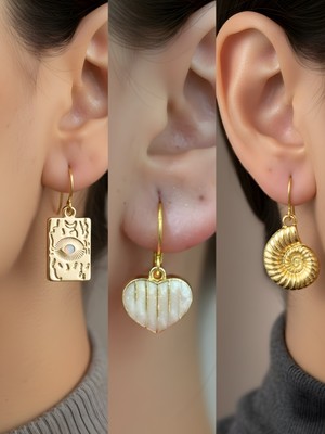 NKT Collection Göz Beyaz Kalp Spiral 3’lü Sembol Kadın Küpe Set