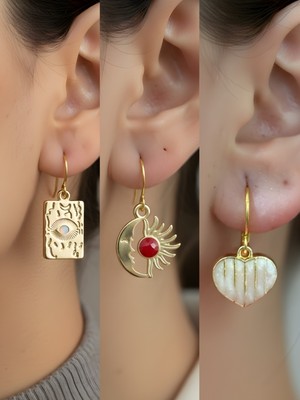 NKT Collection Göz Ay Güneş Inci Kalp 3’lü Sembol Kadın Küpe Set