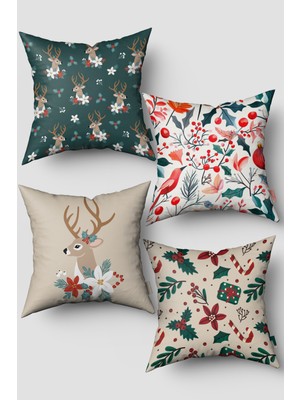 Yeşil ve Bej Renkli Geyiği ile Kırmızı Meyvelerli 4'lü Kırlent Kılıf Seti