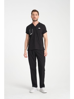 Yılmaz Üniforma V Yaka Siyah Likralı Ütü Istemeyen Unisex Doktor Hemşire Takım Scrubs