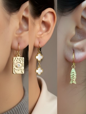 NKT Collection Göz Beyaz Yonca Balık 3’lü Sembol Kadın Küpe Set