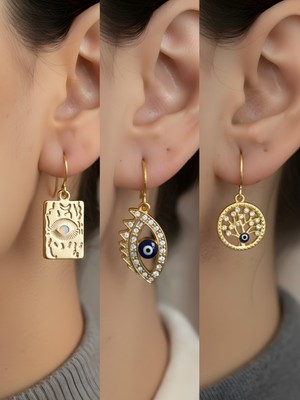 NKT Collection Göz Nazar Göz Hayat Ağacı 3’lü Sembol Kadın Küpe Set