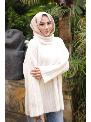 İmaj Butik Krem Balıkçı Yaka Salaş Angora Yumoş Triko Tunik