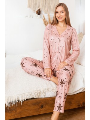 Remsa Kadın Desenli Saphire Önü Düğmeli Pijama Takımı 0480 Pudra