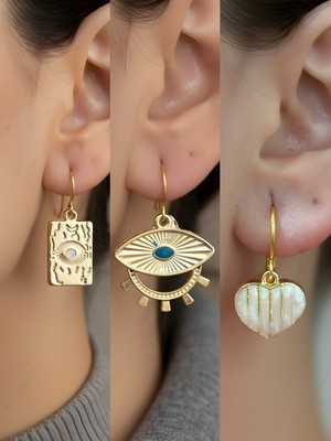 NKT Collection Göz Turkuaz Göz Beyaz Kalp 3’lü Sembol Kadın Küpe Set