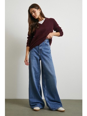 Yüksek Bel Geniş Paça Beş Cepli Jean Mavi