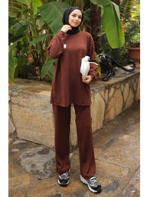 İmaj Butik Kahverengi Armalı Tunik Pantolonlu Takım