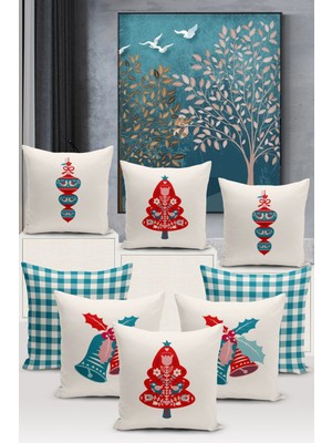 Yılbaşı Temalı Çift Taraflı Dijital Baskılı 8'li Kırlent Kılıf Seti