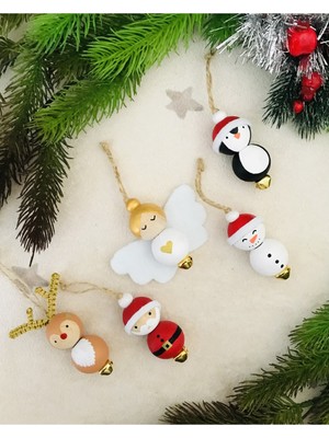 Renkli 5'li Ahşap Çanlı Yılbaşı Süsleri Noel Baba, Melek, Kardan Adam, Penguen, Geyik