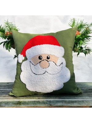 Yeşil Noel Baba Temalı El Emeği Punch Nakışlı Kırlent Kılıfı 45X45 cm