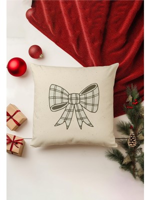 Yılbaşı Temalı Çift Taraflı Kırlent Kılıfı, Bej, Gizli Fermarlı, Şık ve Renkli Dekorasyon