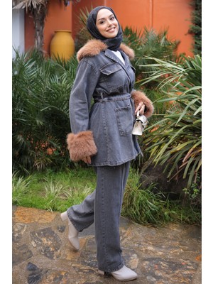 İmaj Butik Füme Kol Yaka Kürklü Kot Ceket Pantolonlu Takım