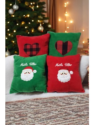 Renkli 4'lü Peluş Yastık Set, Çocuk Odası Dekoru, Noel Baba Temalı, 40X40 cm