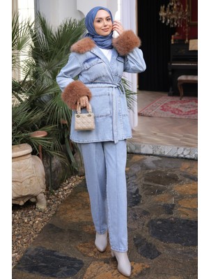 İmaj Butik Mavi Kol Yaka Kürklü Kot Ceket Pantolonlu Takım