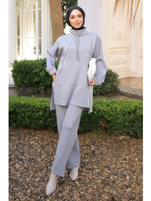 İmaj Butik Gri Cepli Tunik Pantolonlu Scuba Takım