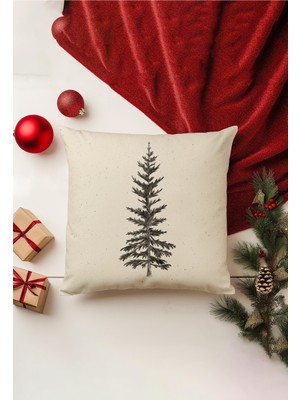 Yılbaşı Temalı Çift Taraflı Kırlent Kılıfı, Bej Renkli, Gizli Fermuar