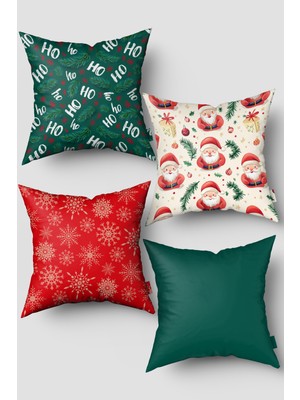 Noel Temalı Çam Dalları ve Kar Taneleri 4'lü Kırlent Kılıf Seti Yeşil