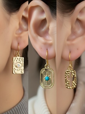 NKT Collection Göz Turkuaz Oval Kaktüs 3’lü Sembol Kadın Küpe Set