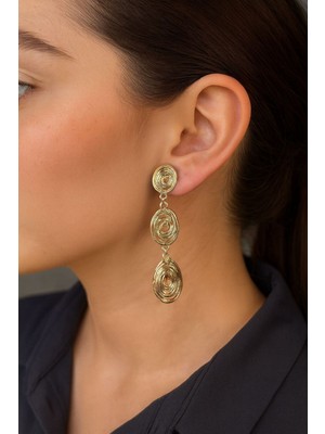 NKT Collection Lüks Gold Rengi Büyük Küpe Asimetrik Kararmaz Kadın Abiye