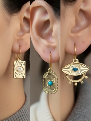 NKT Collection Göz Turkuaz Oval Turkuaz Işınlı 3’lü Sembol Kadın Küpe Set