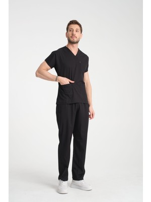 Yılmaz Üniforma V Yaka Siyah Likralı Ütü Istemeyen Unisex Doktor Hemşire Takım Scrubs