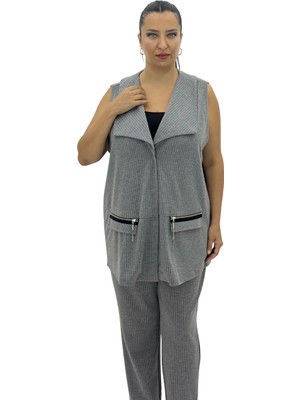 AlanyaXXL Büyük Beden Viskon Gri Çizgili Yelek Pantolon Oversize Kadın Takım