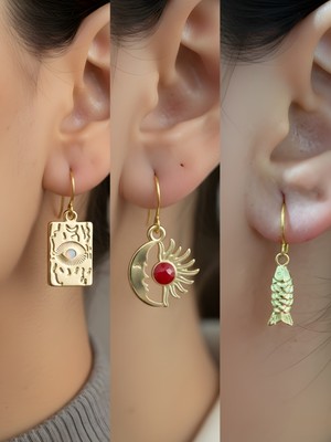 NKT Collection Göz Ay Güneş Balık 3’lü Sembol Kadın Küpe Set