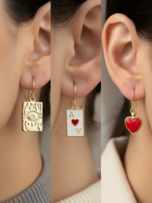 NKT Collection Göz Kupa As Kırmızı Kalp 3’lü Sembol Kadın Küpe Set