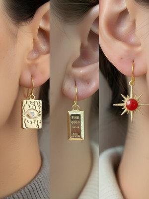 NKT Collection Göz Külçe Kırmızı Yıldız 3’lü Sembol Kadın Küpe Set