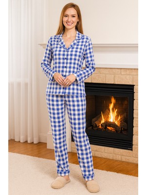 Remsa Kadın Ekose Desen Suprem Önü Düğmeli Pijama Takımı 0470 MAVI03