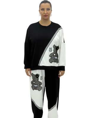 AlanyaXXL Büyük Beden Pamuklu Siyah Beyaz Ayıcık Desenli Bluz Eşofman Oversize Kadın Takım