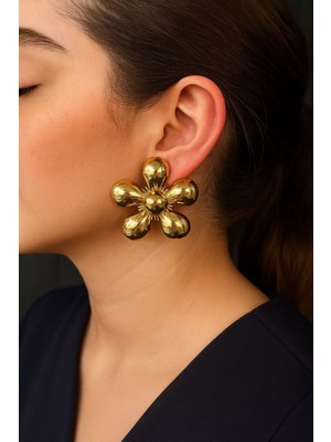 NKT Collection Lüks Gold Rengi Büyük Çiçek Küpe Bombeli Kalın Parlak Kadın Abiye
