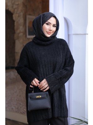 İmaj Butik Siyah Balıkçı Yaka Salaş Angora Yumoş Triko Tunik