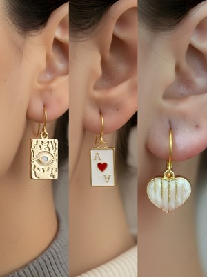 NKT Collection Göz Kupa As Inci Kalp 3’lü Sembol Kadın Küpe Set