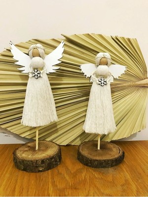 Iki Adet 30 cm Noel Perisi, Kütük Tabanlı, Ekru Renkli Dekoratif Süsler