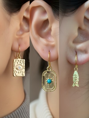 NKT Collection Göz Turkuaz Oval Balık 3’lü Sembol Kadın Küpe Set