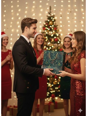 Dodomar 42×33 cm Yeşil Kokinalı Çam Dallı Desenli Hasır Ip Saplı Lüks Yılbaşı Hediyelik Karton Çanta