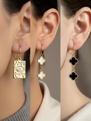 NKT Collection Göz Beyaz Yonca Siyah Yonca 3’lü Sembol Kadın Küpe Set