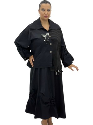 AlanyaXXL Büyük Beden Incili Fiyonk Detaylı Çizgili Oversize Kadın Gömlek Etek Takım