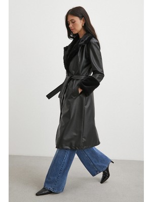 Kürklü Kuşaklı Deri Pardesü Siyah